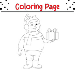 Happy Christmas cartoon kid holding gift Coloring page for children. Christmas Vector black and white winter coloring book.