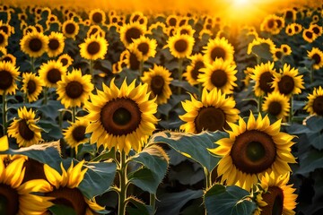 A field of sunflowers stretching toward the sky, their cheerful faces following the sun.  