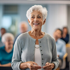 Joyful confident senior businesswoman showing vitality while teaching, presenting to a group of young students. Active lifestyle, companionship, retirement, spirit of elderly. AI generative.
