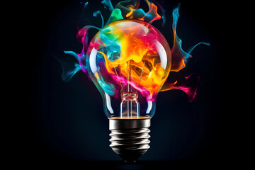 Creative light bulb explodes with colorful paint and splashes on a black background. Think differently creative idea concept