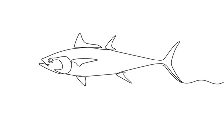 Ikan tuna segar dalam gaya gambar seni garis berkelanjutan. Konsep ikan tuna dalam gaya doodle dengan latar belakang putih. Ilustrasi vektor