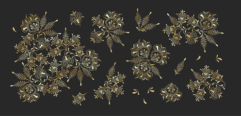 Gold branches abstract flowers pattern. Luxury plants decorative. Vector drawing. Collection of design elements.