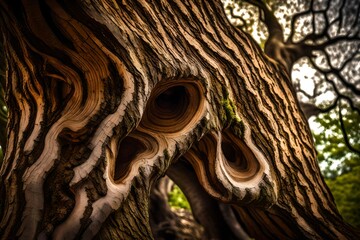 The gnarled and twisted bark of an ancient oak tree, capturing the passage of time.  