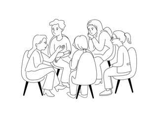 People in group therapy session, talk therapy and group therapy concept. hand drawn outline illustrations.