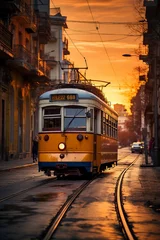 Fotobehang Milaan Tram through the city in sunset