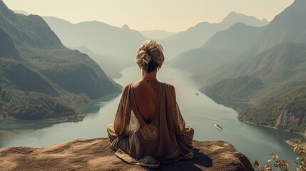 healthy senior woman practice yoga on her holiday travel  in the morning sunrise.  - obrazy, fototapety, plakaty