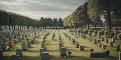 Military cemetery with rows of uniform headstones