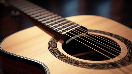 Acoustic guitar close-up. Guitar with sun glare