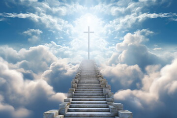 Steps in the sky leading to the Cross. Stairs in the sky. Beautiful Christian picture