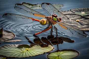 The intricate details of a dragonfly perched on a water lily, surrounded by ripples in a pond.  