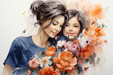 Fototapeta premium mother and daughter surrounded by flowers Card for Mothers day 