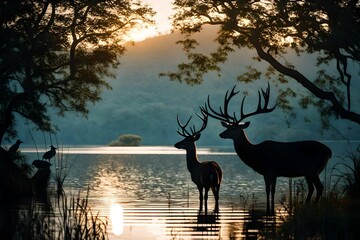 At twilight, focus on the silhouettes of animals against the backdrop of a serene landscape – a deer by the water's edge, a bird on a branch – celebrating the coexistence of life and nature.  