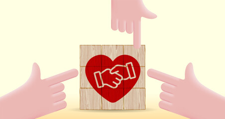 Wooden cubic blocks.  Creating a business partnership concept,
 increasing trust between people. Vector image, banner.