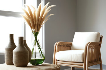 Stylish interior armchair with pampas grass on table. Boho style