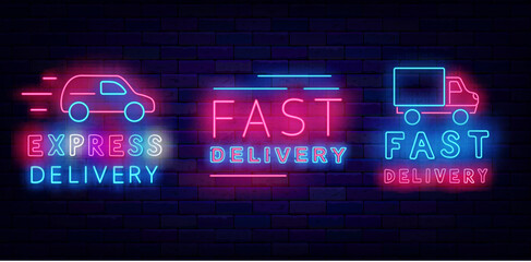 Express delivery neon labels collection. Shiny advertising. Fast car. Fast order transportation. Vector illustration