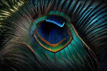 A macro view of a peacock feather, showcasing its iridescent hues and intricate patterns.  