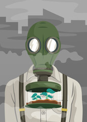air pollution. illustration of a person wearing a mask in the midst of thick smog