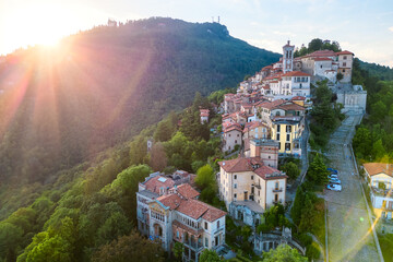 Aerial view of Sacro Monte di Varese during golden hour, Santa Maria del Monte, Varese, Italy