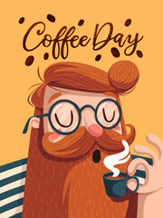 world coffee day. illustration of a bearded man enjoying a cup of hot coffee