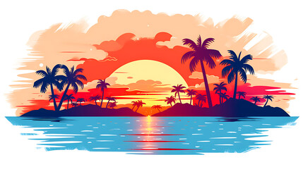 Risograph styled illustration, digital Illustration, of a tropical island with a romantic sunset  - obrazy, fototapety, plakaty
