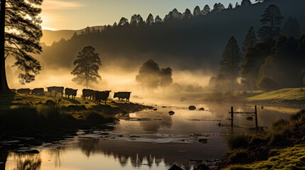Mystic Pastures: Sunrise Over Fog-Clad Meadow with Cows, Trees, and Mountains. Generative AI