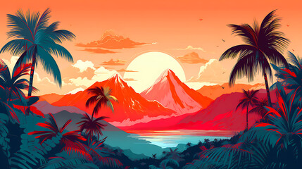 Risograph styled illustration, digital Illustration, of a tropical island with a romantic sunset 