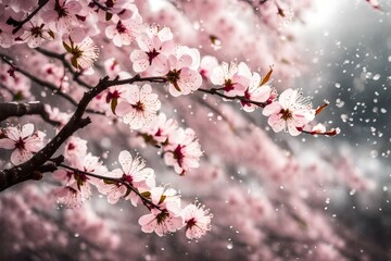 The delicate petals of a cherry blossom tree caught in a gentle breeze, creating a snowfall of pink.  