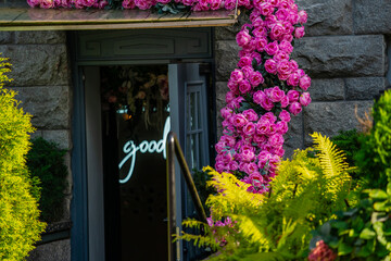 Pink decoration flowers in front of a store with neon sign with letters good in the background for the opening in summer