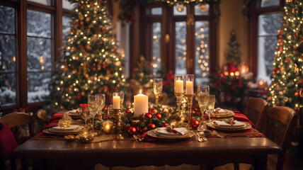 Fototapeta na wymiar Christmas celebration in room with candle light dinner AI generated