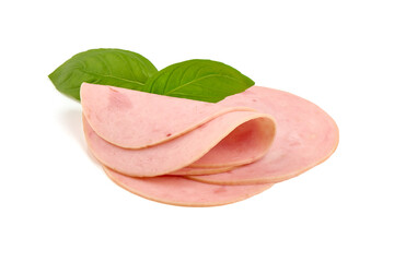 Thinly Sliced Ham, boiled sausage, close-up, isolated on white background.