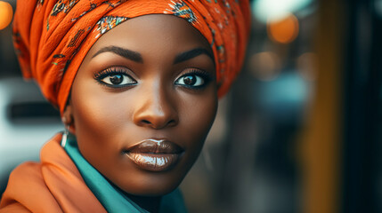 Portrait of beautiful african woman wearing turban  - Model by AI generative
 - obrazy, fototapety, plakaty
