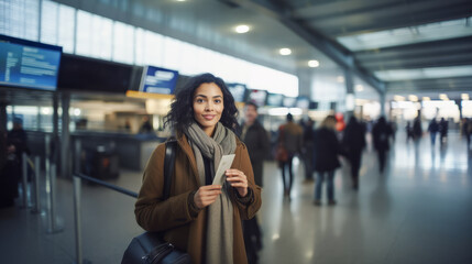 Young mixed race attractive woman holding flight tickets inside airport - Model by AI generative