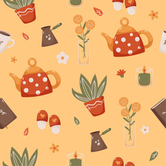Autumn seamless pattern in orange tones, cozy objects. Seamless pattern. Vector.

