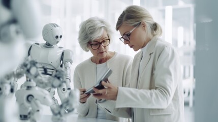 In a futuristic workplace, a senior female employee and a robot collaborate. Generative AI