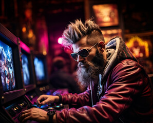 Futuristic image of techno punk man playing slot machine or arcade video game arcade