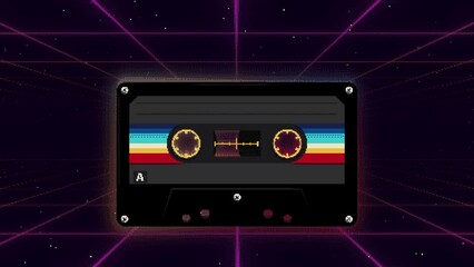 Retro musiccasette with retro colors eighties style, cassette tape, art deep space, mix tape retro cassette design, Music vintage and audio theme, Synthwave and vaporwave template. Retro grid surface