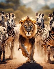 A lion running with a herd of zebras