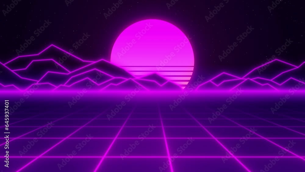 Poster universe retro futuristic 80's background 4k. synthwave wireframe net video loop. abstract digital b