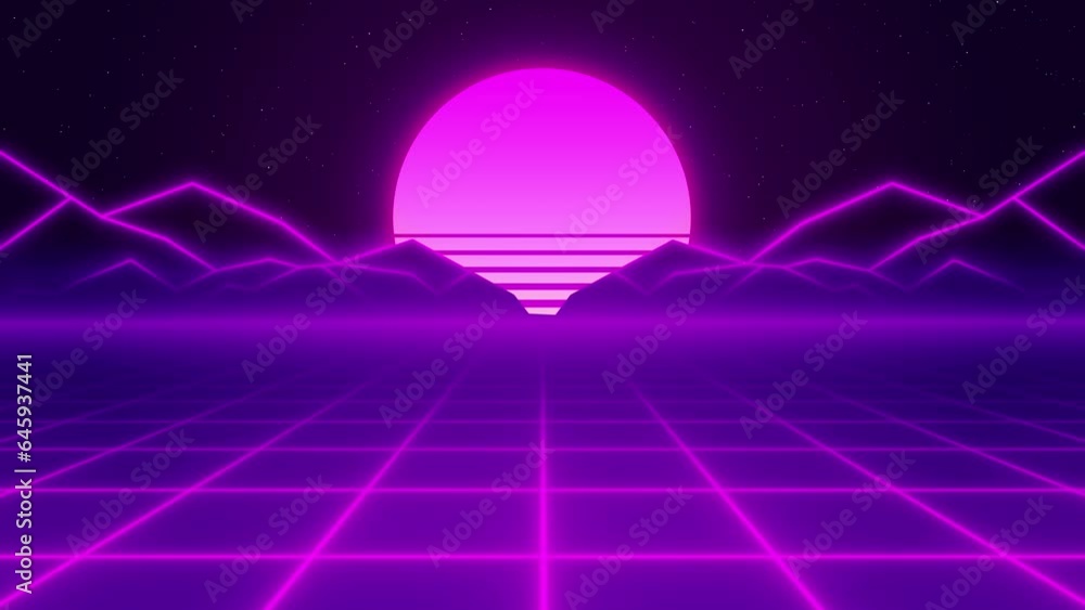 Poster universe retro futuristic 80's background 4k. synthwave wireframe net video loop. abstract digital b