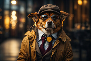 Funny dog detective with glass and coat on dark background. ai generative - obrazy, fototapety, plakaty