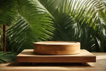 Obraz premium Minimal natural wood podium with green palm leaf. ai generative