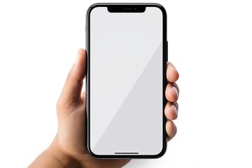Hand showing smartphone with blank screen isolated on white background 