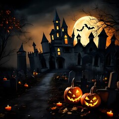 Halloween background with haunted house ghost bats and pumpkins graves