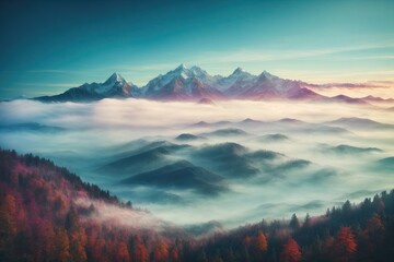 Photo realistic illustration of mountains forest fog. ai generative