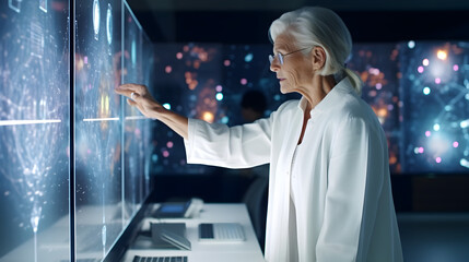 A senior woman scientist touching a futuristic virtual screen with graphs and data. Active research lifestyle, businesswoman in technology, elderly integration. AI generative.