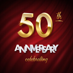 50 golden numbers, Anniversary white paper text and Celebrating word made of golden ribbons on red curtain background. Vector fifty anniversary celebration event square template