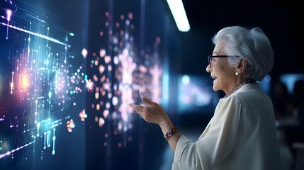 A senior woman scientist touching a futuristic virtual screen with graphs and data. Active research lifestyle, businesswoman in technology, elderly integration. Computer business.