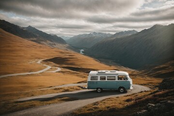 vintage camper van parked on a winding mountain road. ai generative