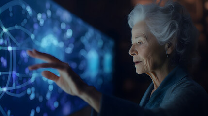 A senior woman scientist touching a futuristic virtual screen with graphs and data. Active research lifestyle, businesswoman in technology, elderly integration. AI generative.