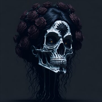 Illustration of a girl in the form of a white skull with a wreath of flowers. Day of the Dead character from Mexico. Image generated by artificial intelligence. Generative AI.